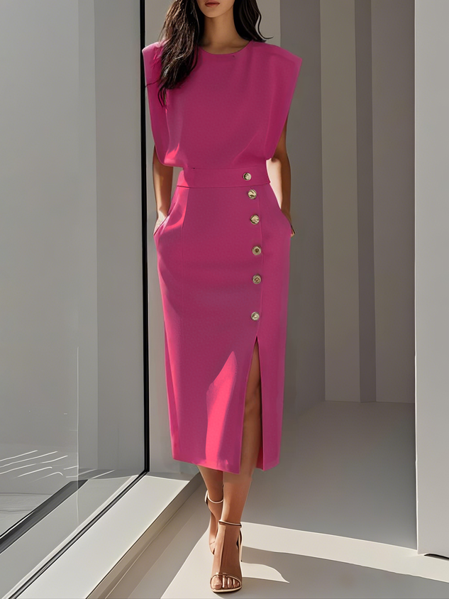 Elegant Sleeveless Midi Dress with Side Slit and Gold Button Detail
