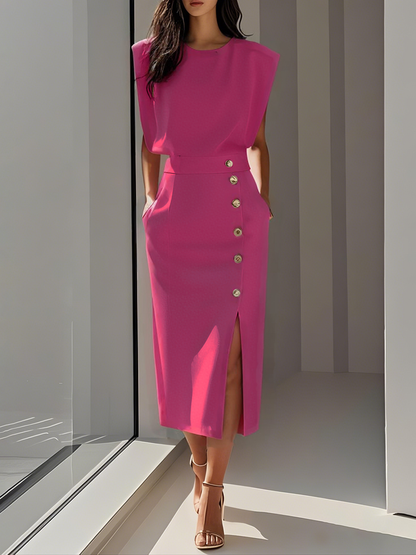 Elegant Sleeveless Midi Dress with Side Slit and Gold Button Detail