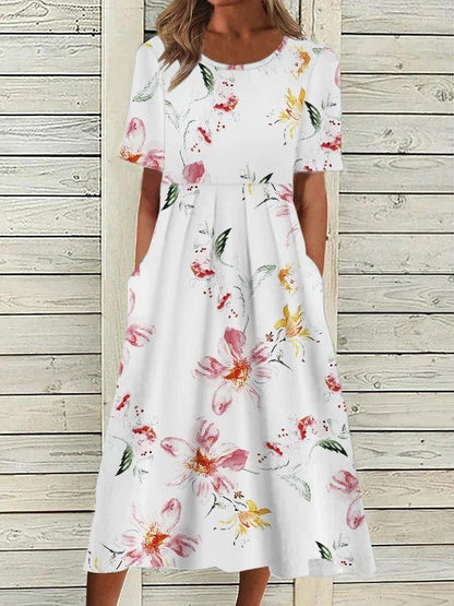Women's Fresh Floral A-Line Round Neck Midi Dress