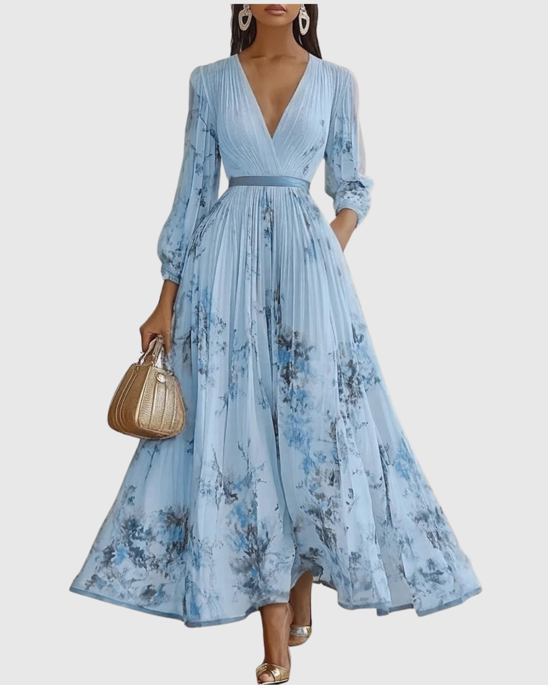 Pleated Maxi Dress with Long Sleeves for Women