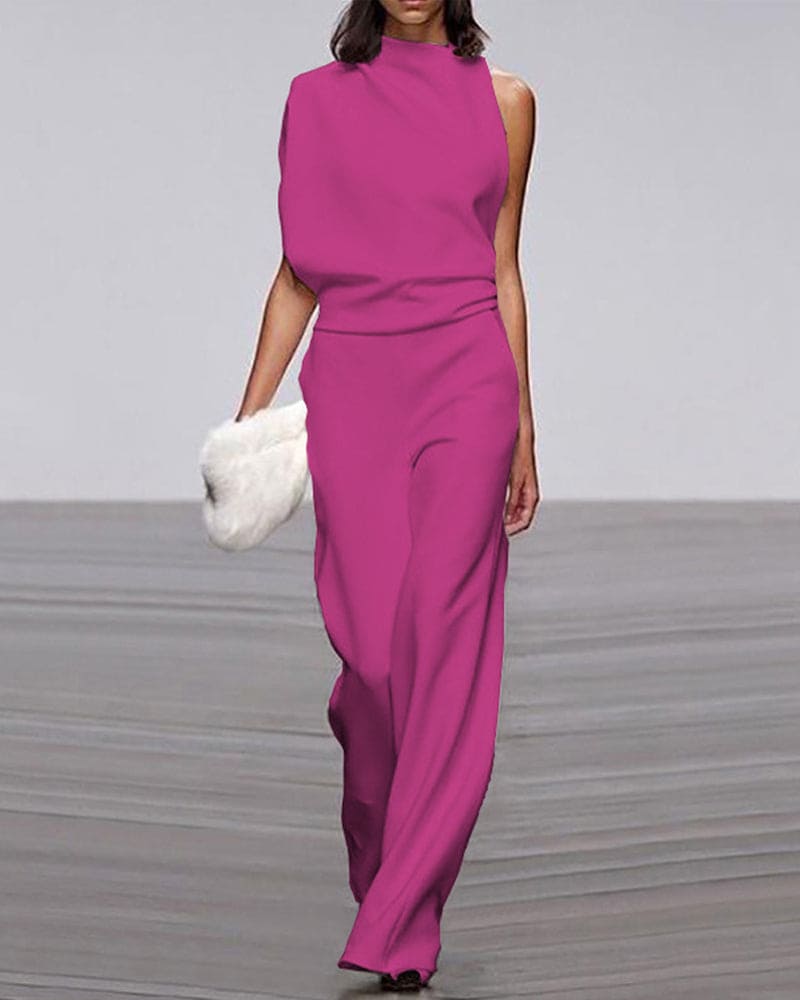 One-Shoulder High Neck Wide-Leg Evening Jumpsuit