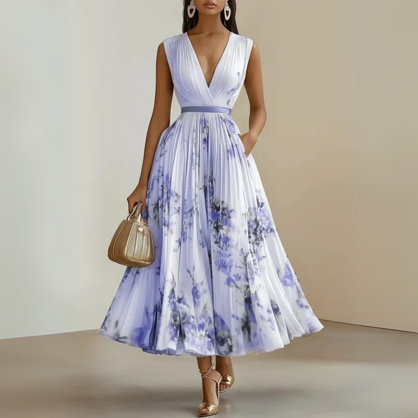 Floral V-Neck Sleeveless Midi Dress for Women