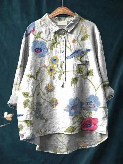 Women's Abstract Floral Long Sleeve Button-Front Blouse