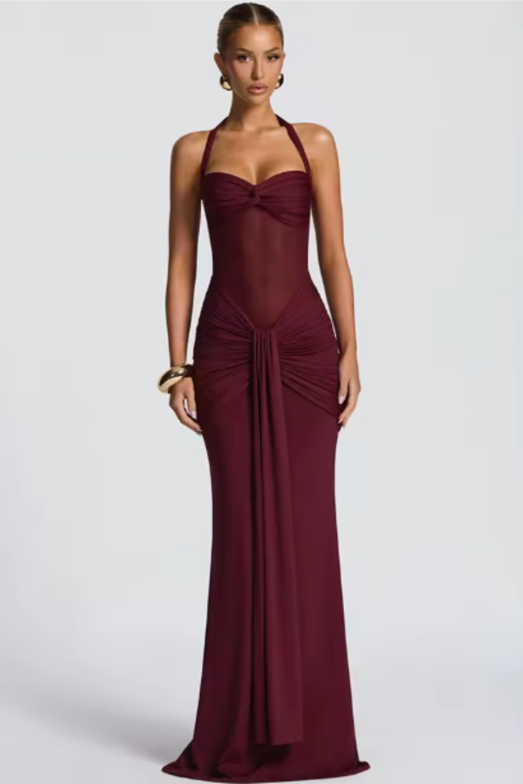 Elegant Women’s Halter Neck Ruched Maxi Dress