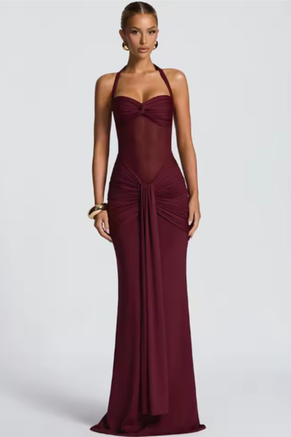 Elegant Women’s Halter Neck Ruched Maxi Dress