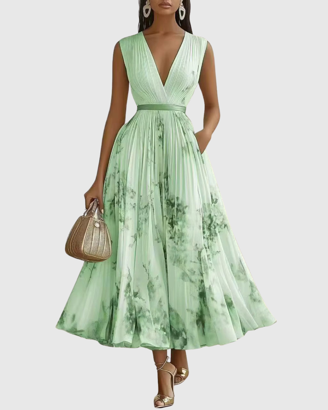 Pleated Maxi Dress with Long Sleeves for Women
