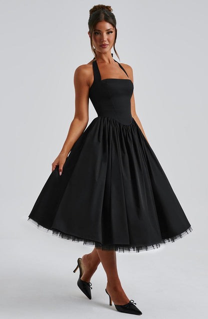Elegant Halter Neck Midi Cocktail Dress for Women