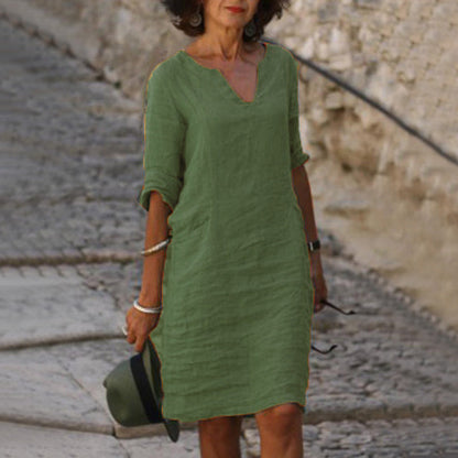 Casual V-Neck Linen-Style Midi Dress for Women