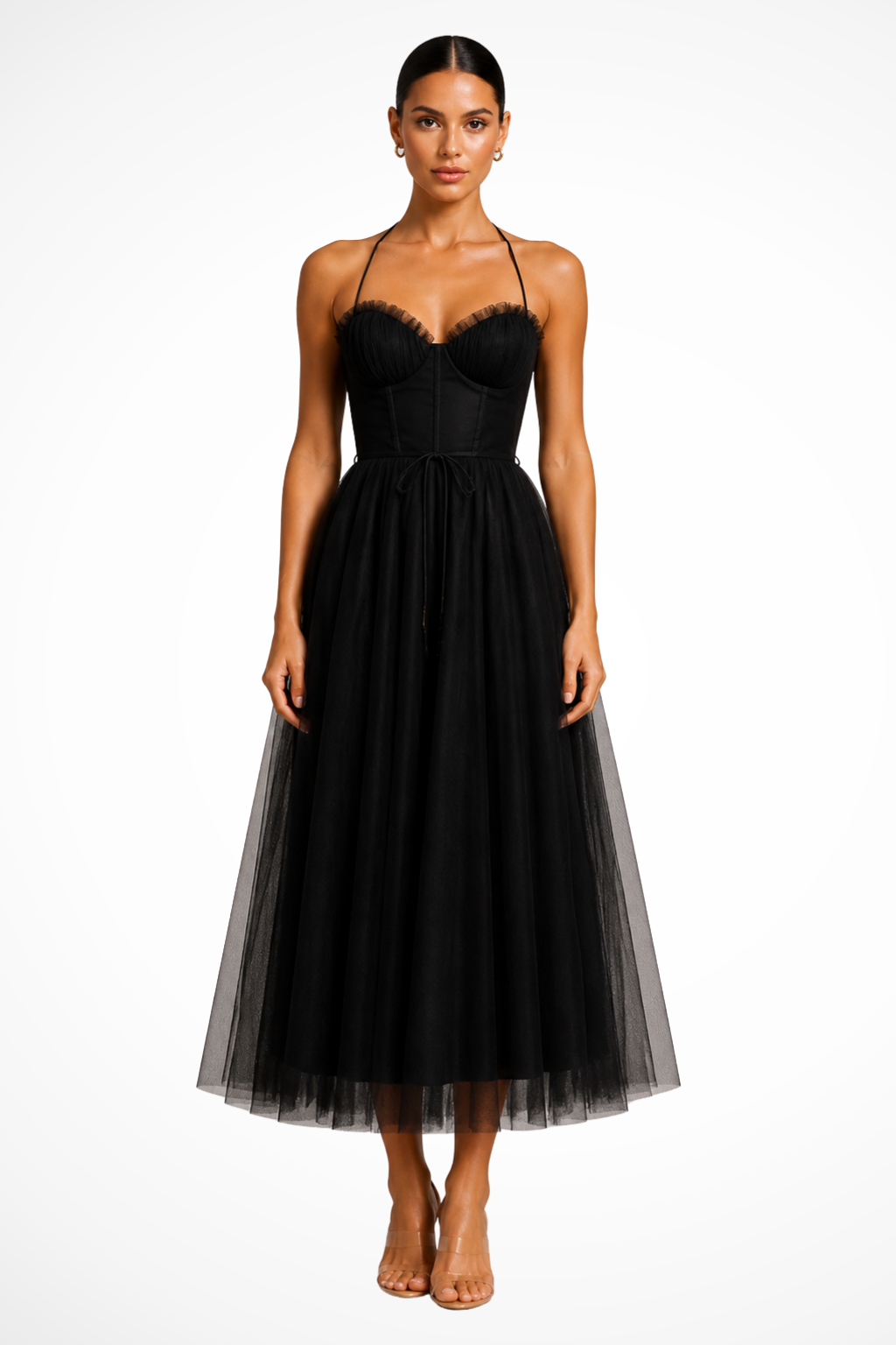 Women’s Layered Tulle Midi Dress with Sweetheart Bodice