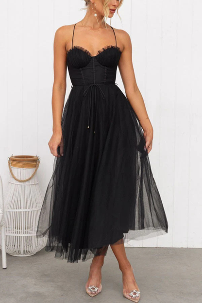 Women’s Layered Tulle Midi Dress with Sweetheart Bodice