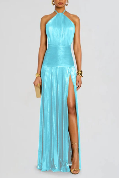 Elegant Halter Neck Satin Wedding Guest Maxi Dress