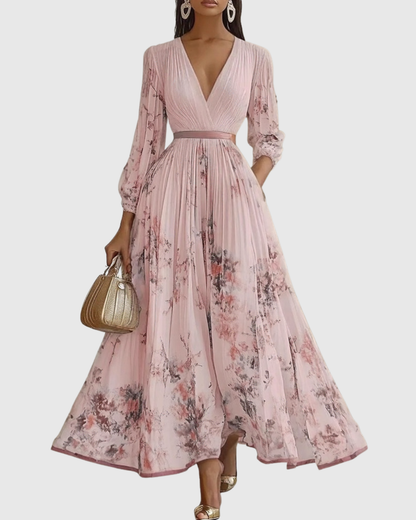 Pleated Maxi Dress with Long Sleeves for Women
