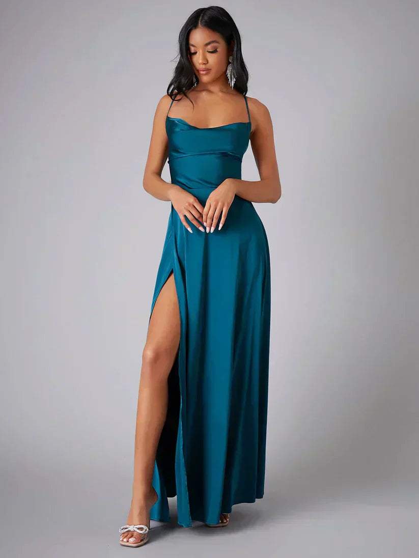 Alvaree Satin Maxi Evening Dress with High Slit and Open Back