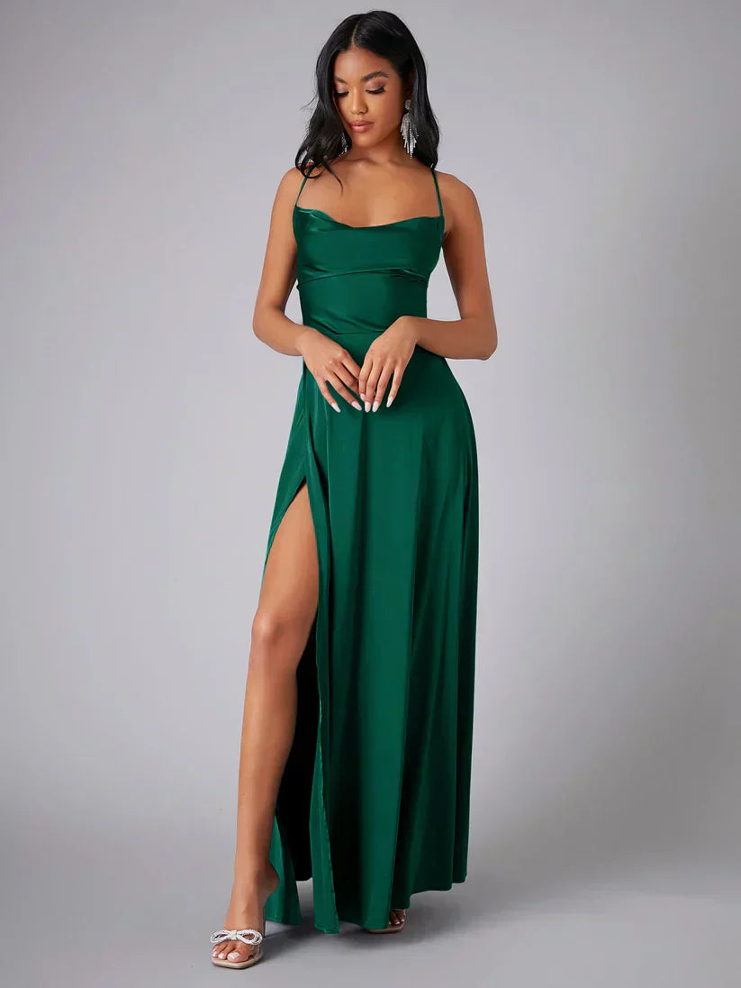 Alvaree Satin Maxi Evening Dress with High Slit and Open Back