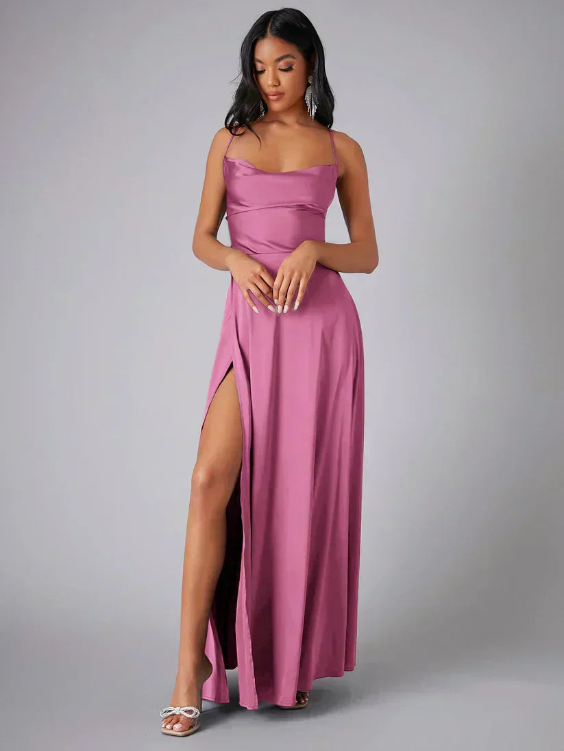 Alvaree Satin Maxi Evening Dress with High Slit and Open Back
