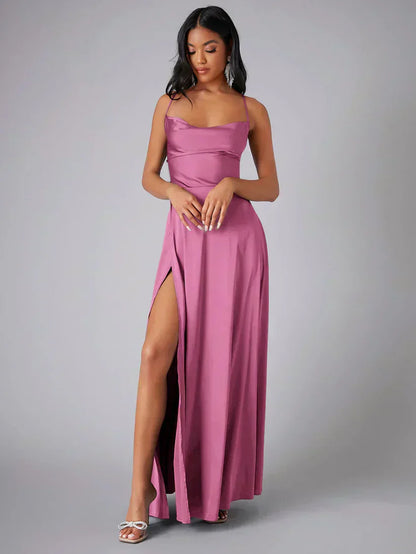 Alvaree Satin Maxi Evening Dress with High Slit and Open Back