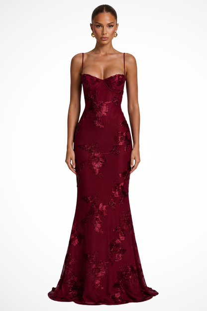 Women’s Elegant Floral Embroidered Strapless Mermaid Evening Gown