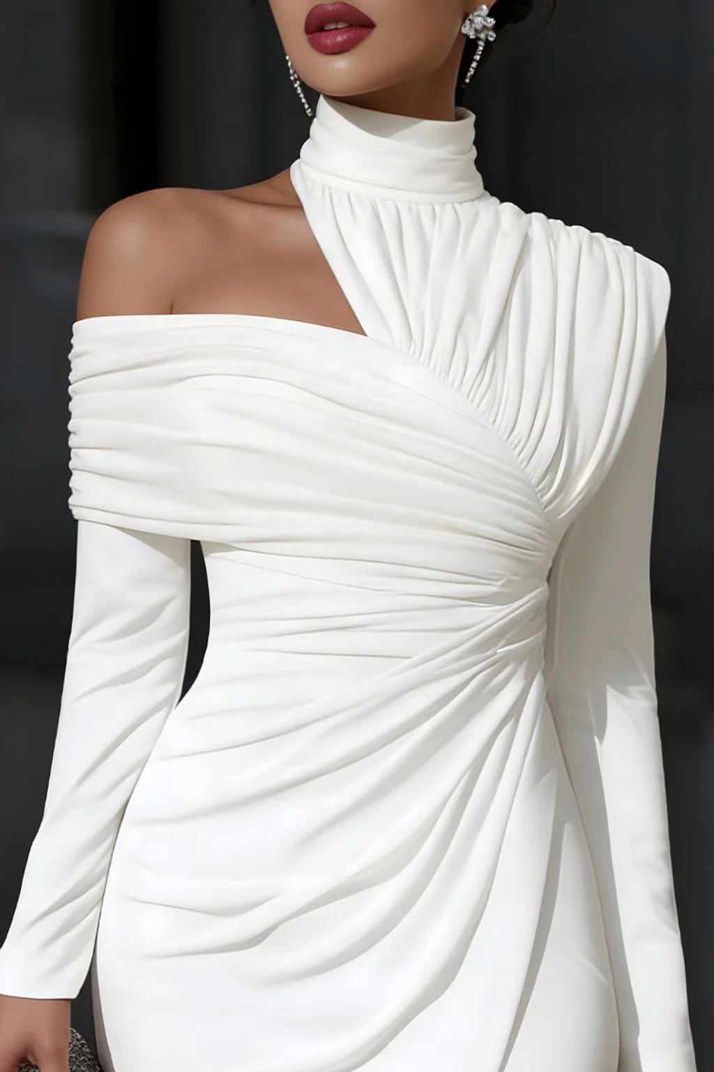 Women’s One-Shoulder Ruched Midi Dress with Side Slit