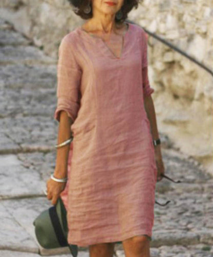 Casual V-Neck Linen-Style Midi Dress for Women
