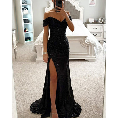 Women’s Off-Shoulder Sequin Evening Gown with High Slit