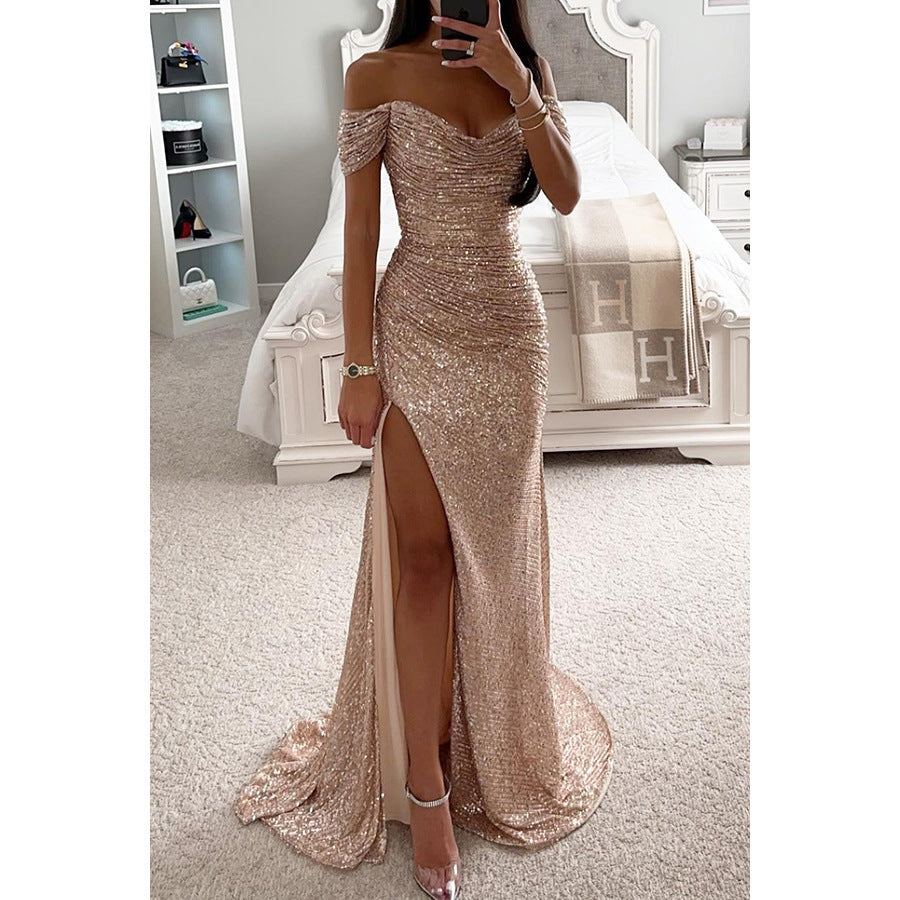 Women’s Off-Shoulder Sequin Evening Gown with High Slit