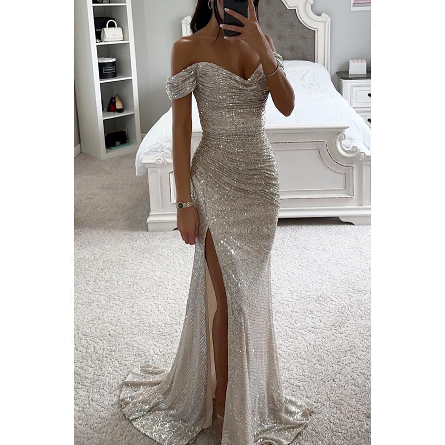 Women’s Off-Shoulder Sequin Evening Gown with High Slit