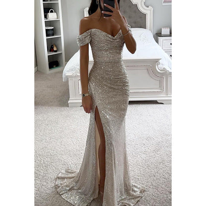 Women’s Off-Shoulder Sequin Evening Gown with High Slit