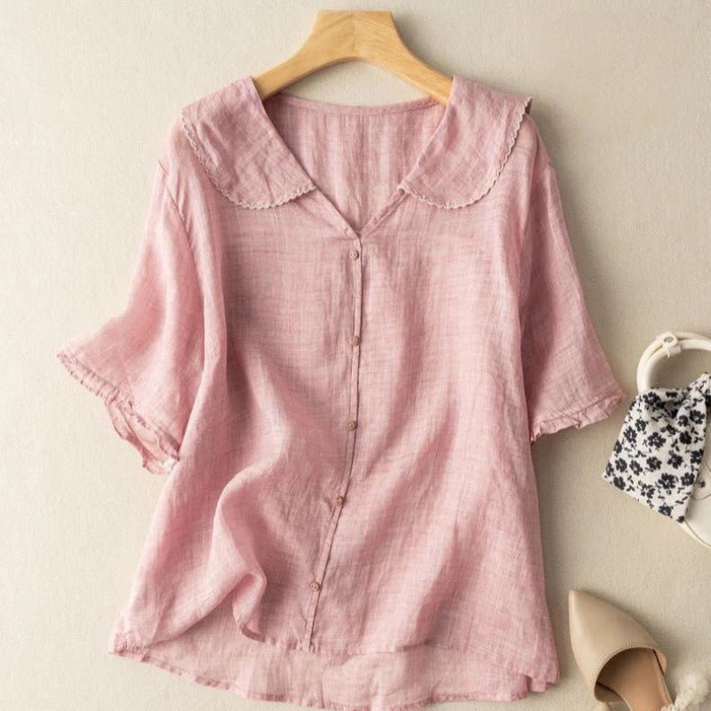 Vintage Button Blouse with Scalloped Collar for Women