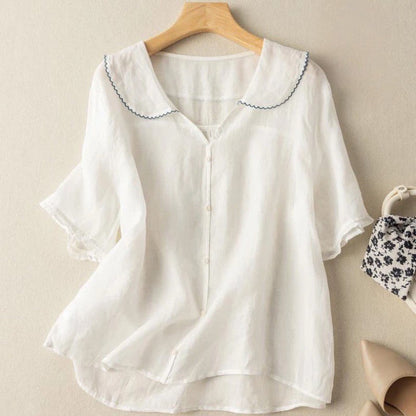Vintage Button Blouse with Scalloped Collar for Women