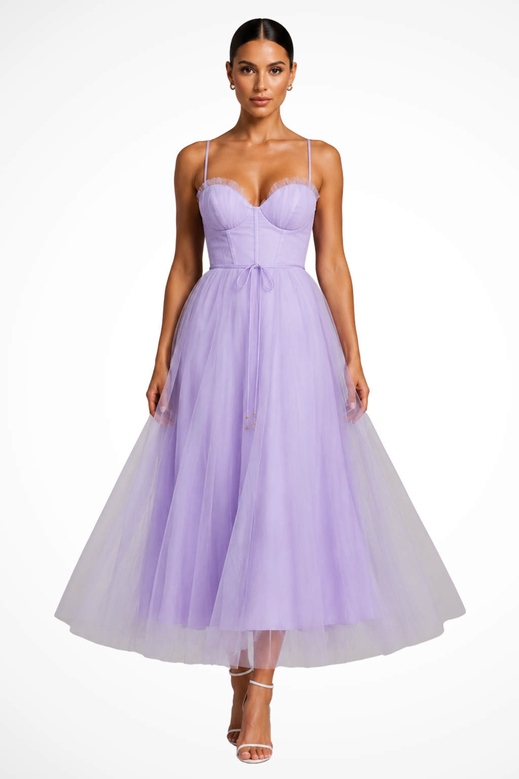 Women’s Layered Tulle Midi Dress with Sweetheart Bodice