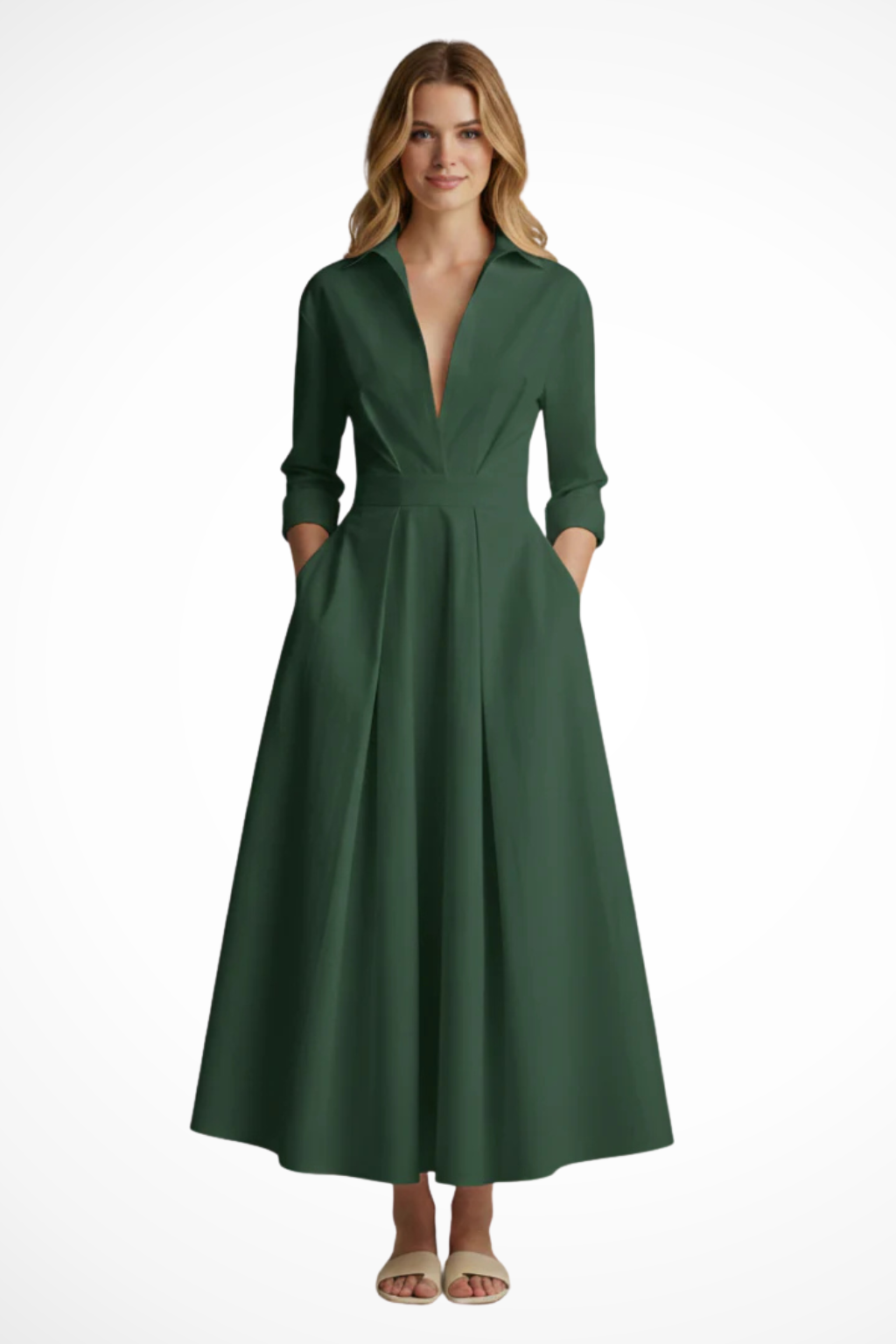 Elegant Women’s Collared Button-Front Midi Dress