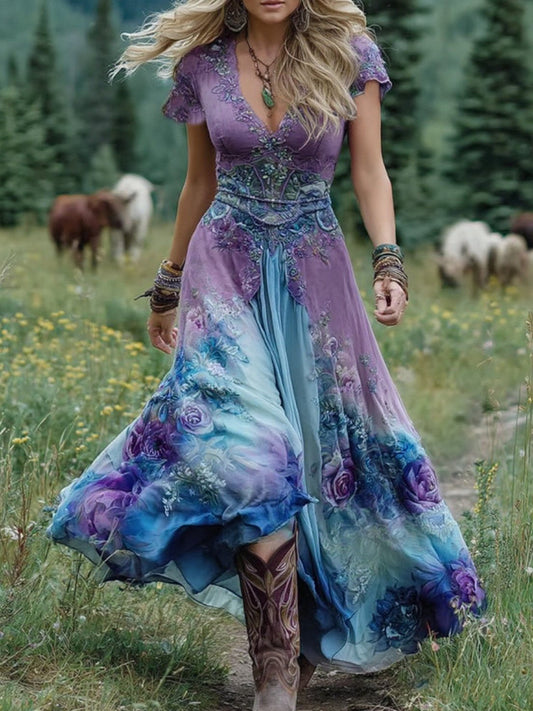 Bohemian Floral Print Maxi Dress with Flowing Silhouette