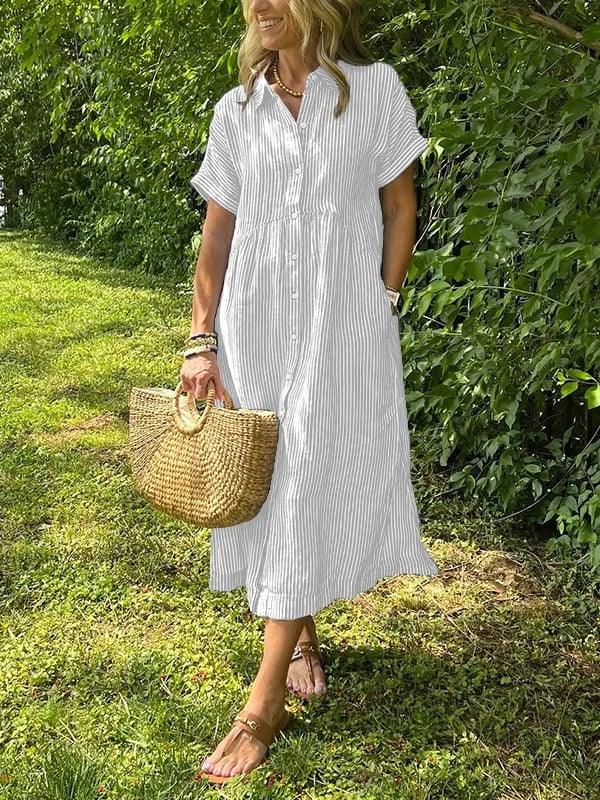 Women's Striped Collared Button-Front Short Sleeve Dress
