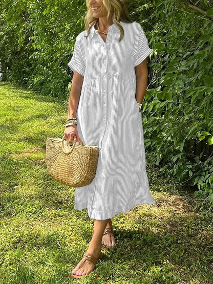 Women's Striped Collared Button-Front Short Sleeve Dress
