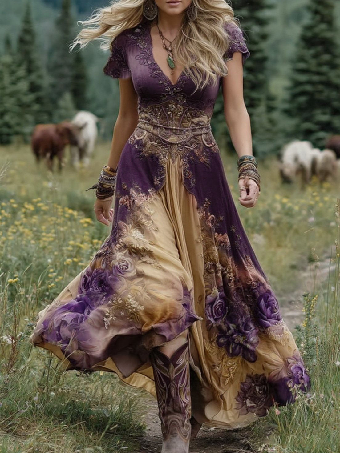Bohemian Floral Print Maxi Dress with Flowing Silhouette