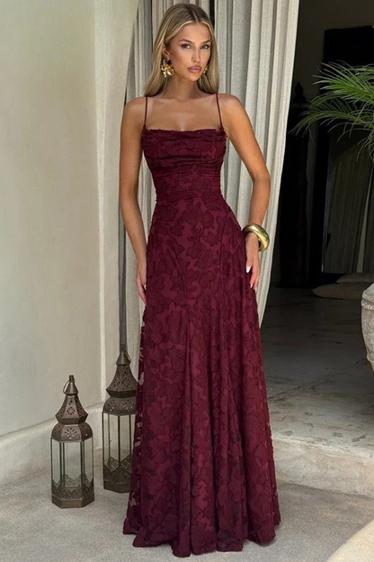 Elegant Women Spaghetti Strap Backless Floral Jacquard Maxi Dress