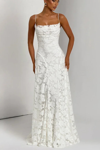 Elegant Women Spaghetti Strap Backless Floral Jacquard Maxi Dress