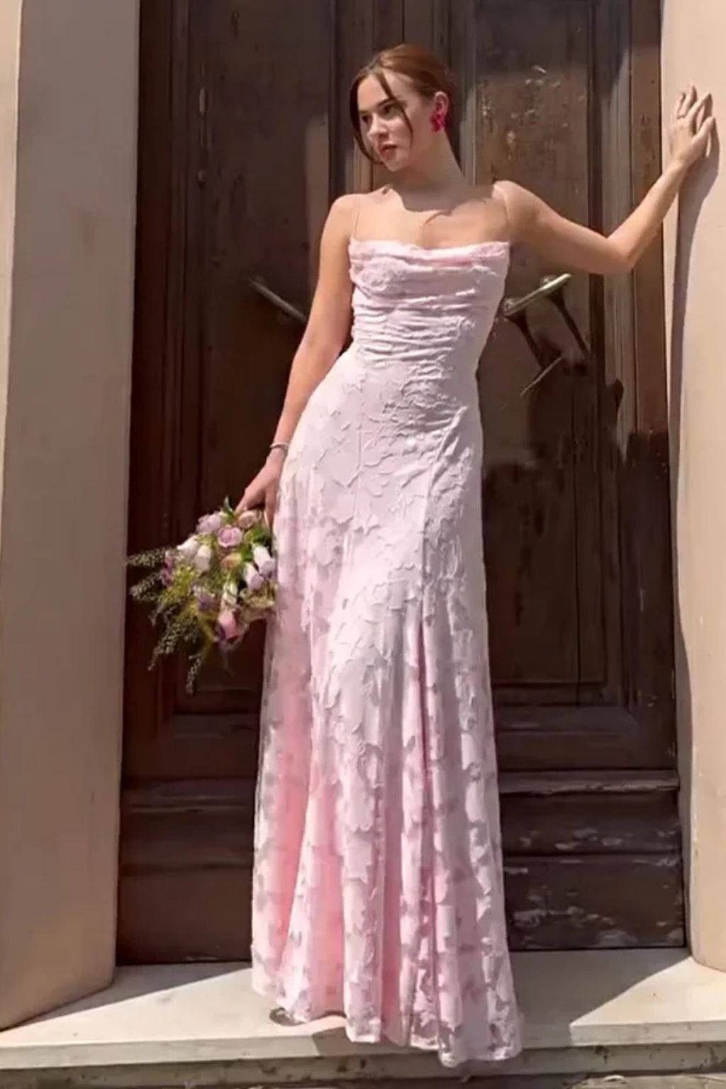Elegant Women Spaghetti Strap Backless Floral Jacquard Maxi Dress
