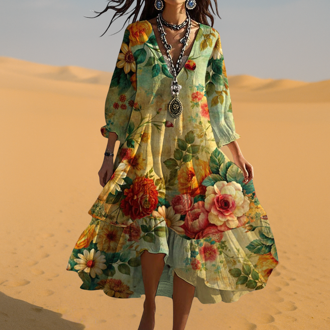 Women’s Floral Boho Flowy V Neck Maxi Dress