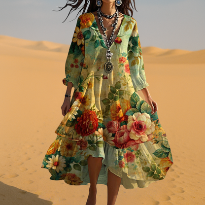 Women’s Floral Boho Flowy V Neck Maxi Dress