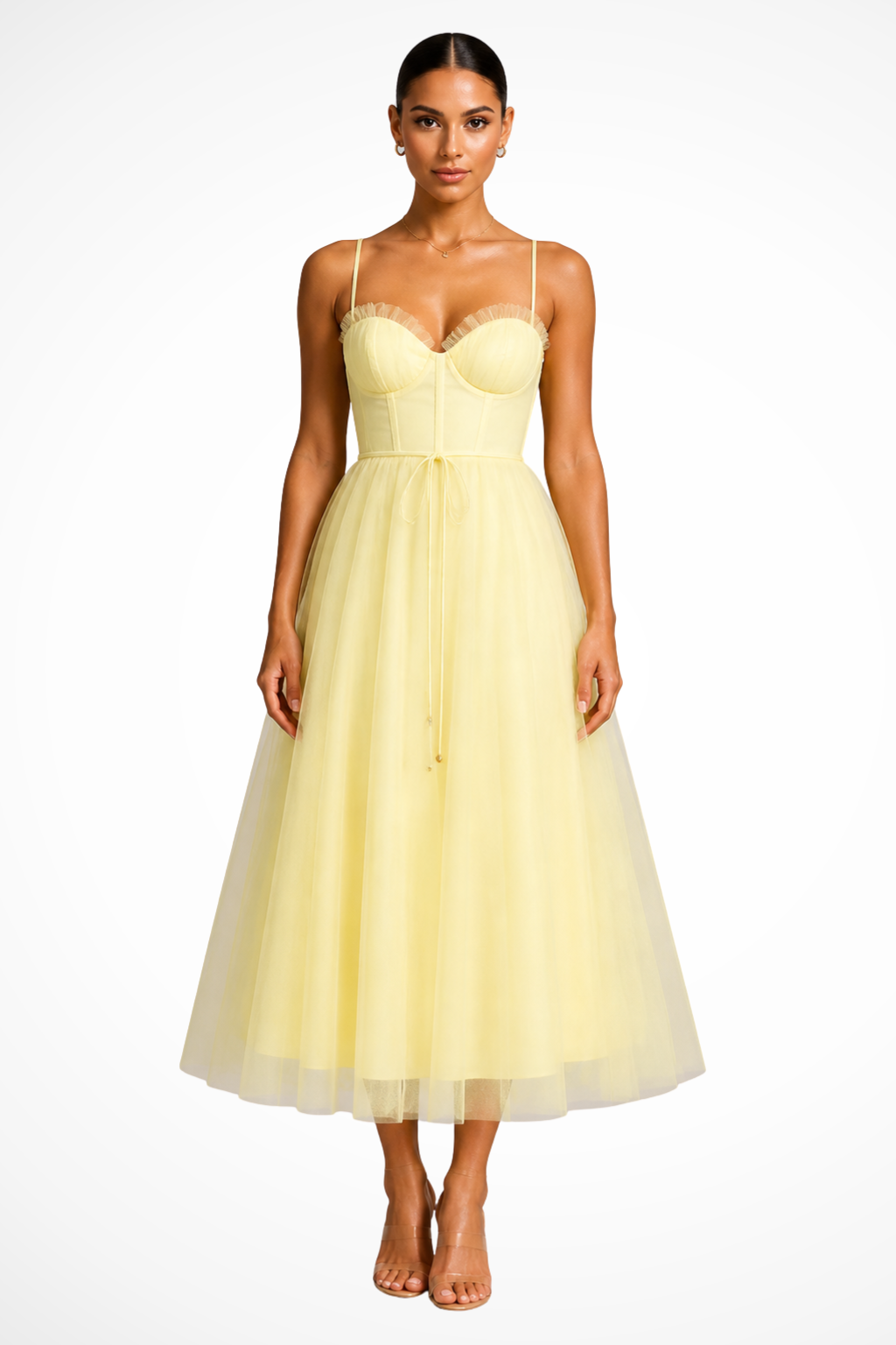 Women’s Layered Tulle Midi Dress with Sweetheart Bodice