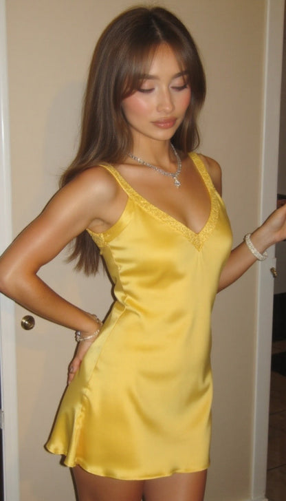Adele Satin Mini Dress with Lace V-Neckline for Women