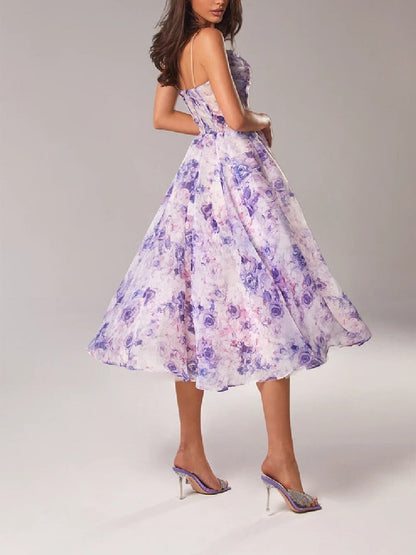 Women's Strapless Printed Swing Midi Dress with Playful Unique Pattern