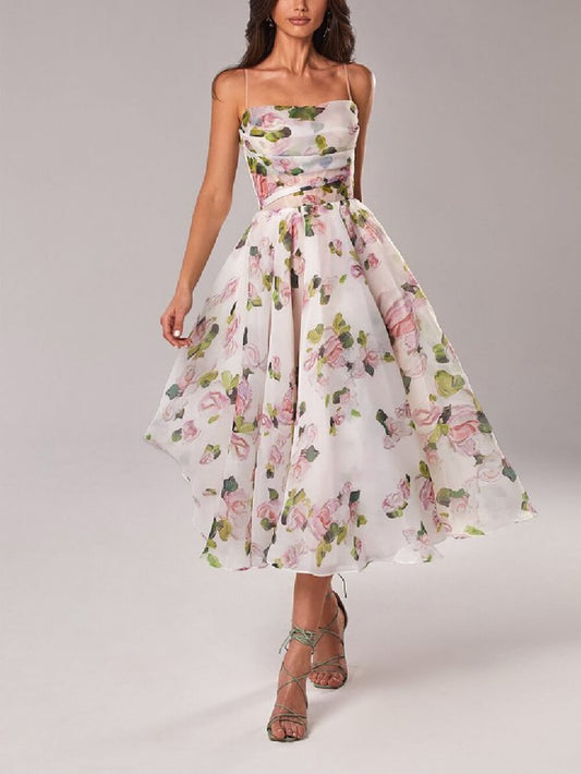 Women's Strapless Printed Swing Midi Dress with Playful Unique Pattern