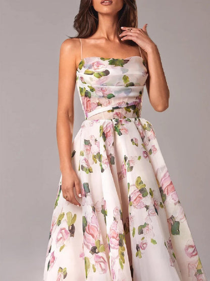 Women's Strapless Printed Swing Midi Dress with Playful Unique Pattern