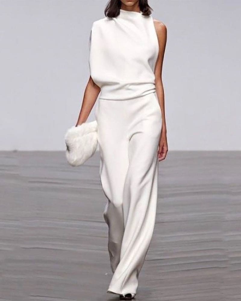 One-Shoulder High Neck Wide-Leg Evening Jumpsuit