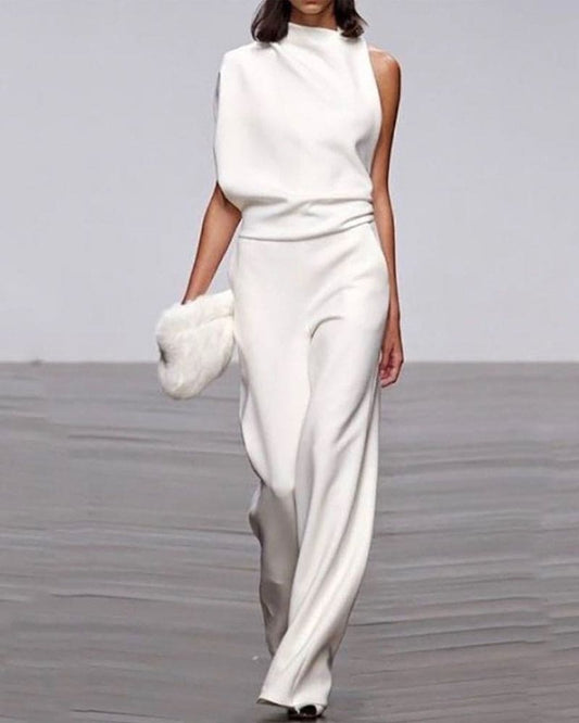 One-Shoulder High Neck Wide-Leg Evening Jumpsuit