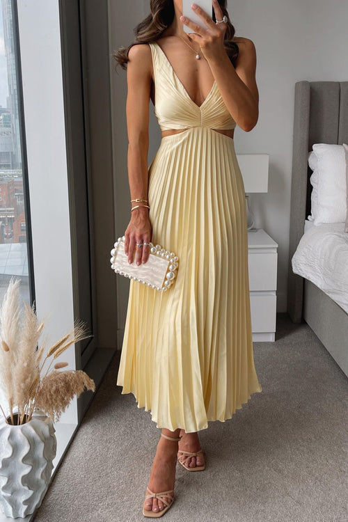 V-Neck Sleeveless Pleated Cut-Out Maxi Dress