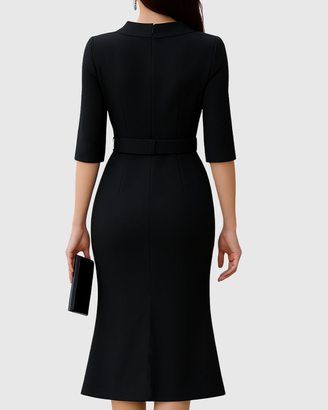 Black Midi Dress with Belt Short Sleeve for Women