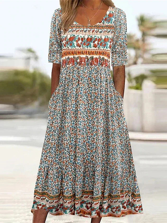 Women's Boho Print Square Neck Shirred Midi Dress
